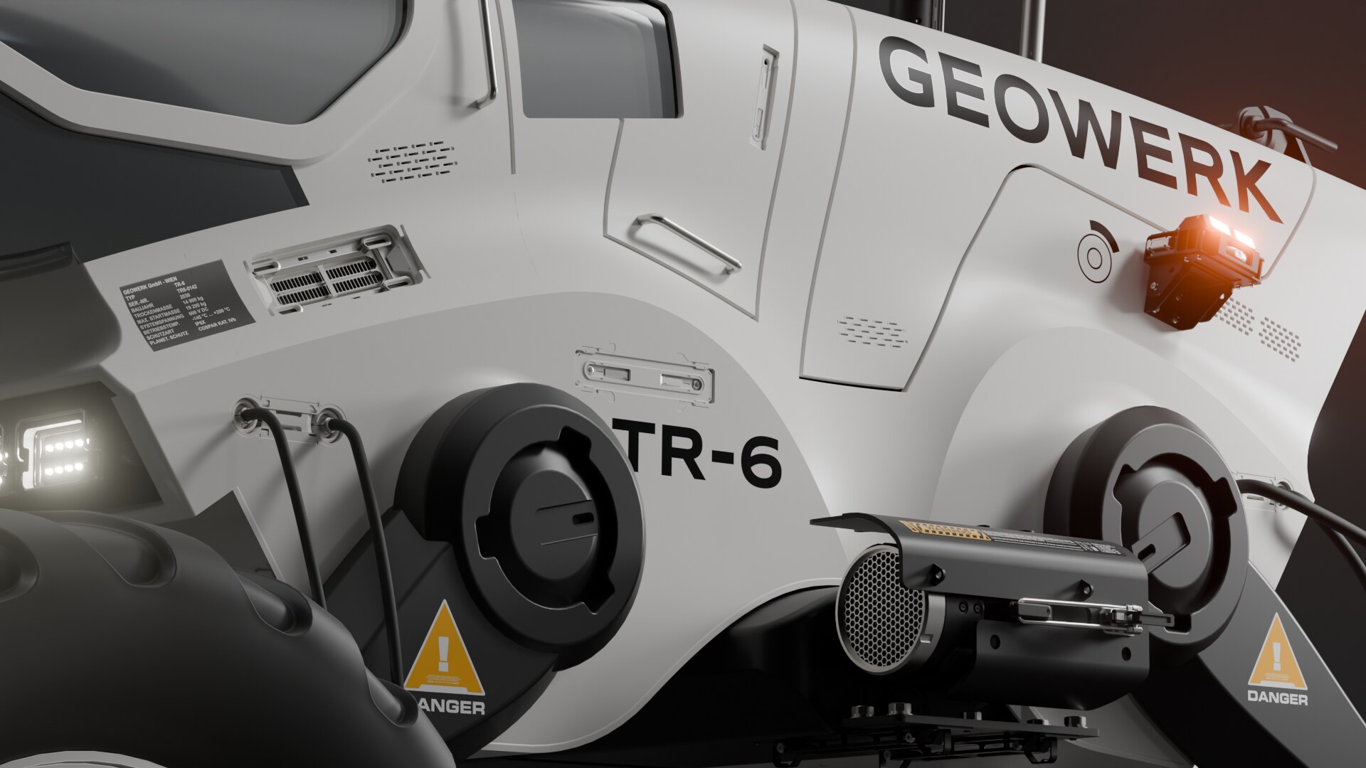 GEOWERK TR-6 – Detail der Flanke mit Typenschild, Sensorik und Warnhinweisen