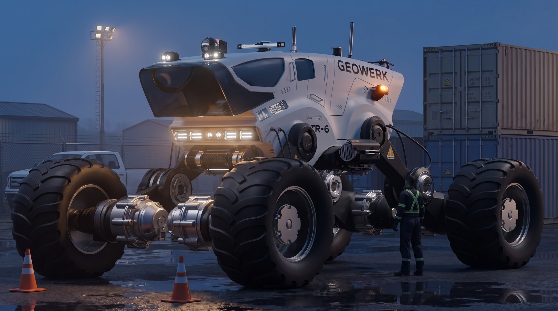 GEOWERK TR-6 Schwerlast-Rover auf einem Betriebsgelände in der Dämmerung, ein Techniker daneben als Größenvergleich